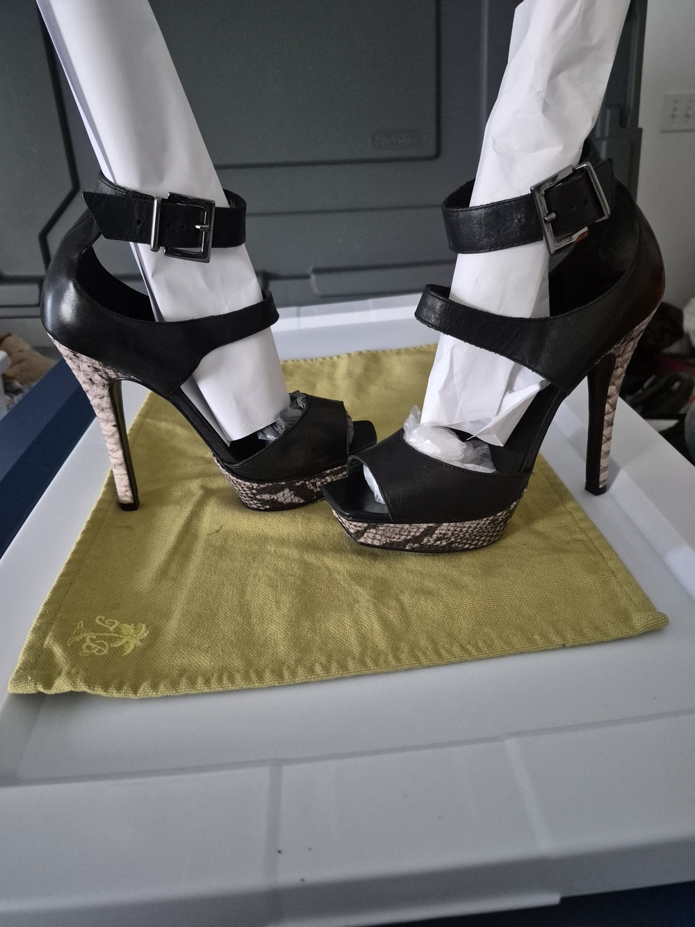 Aldo Black Leather Platform Sandals with Snakeskin-Print Heel